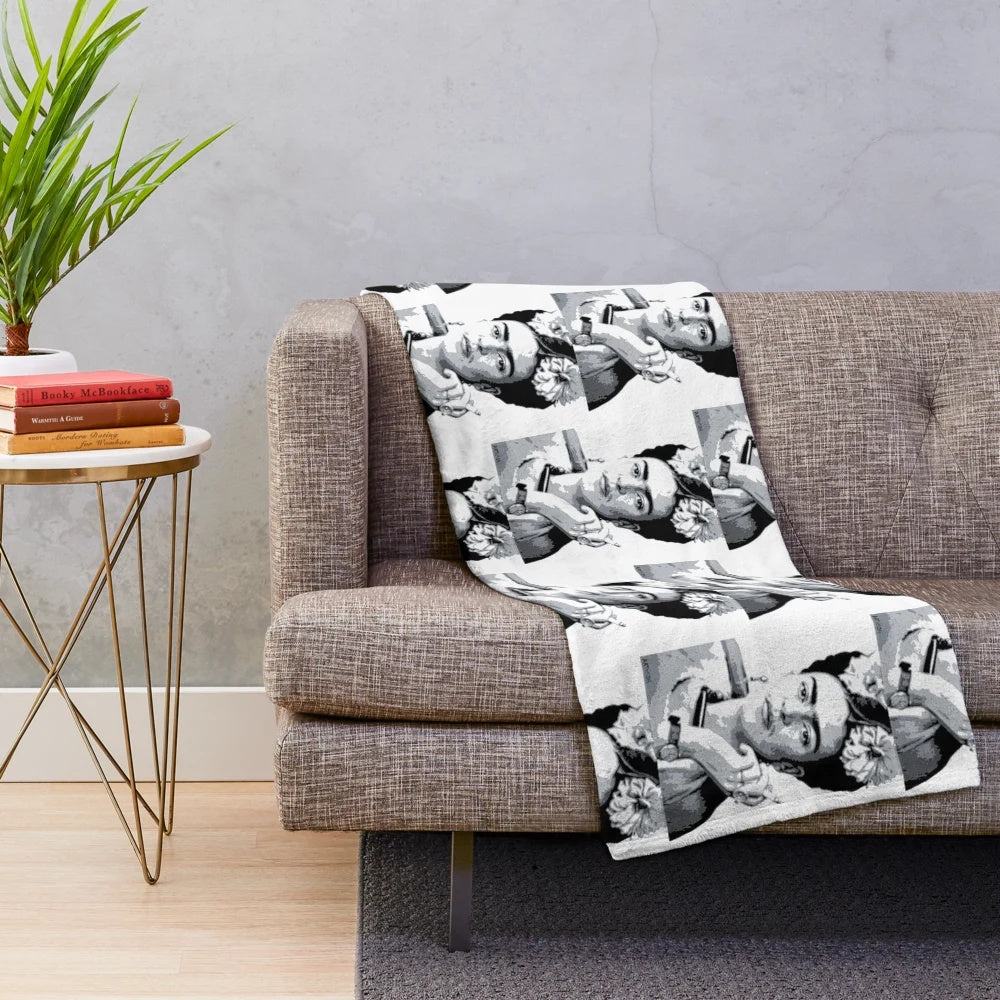 Frida Kahlo inspired plush blanket with black and white design