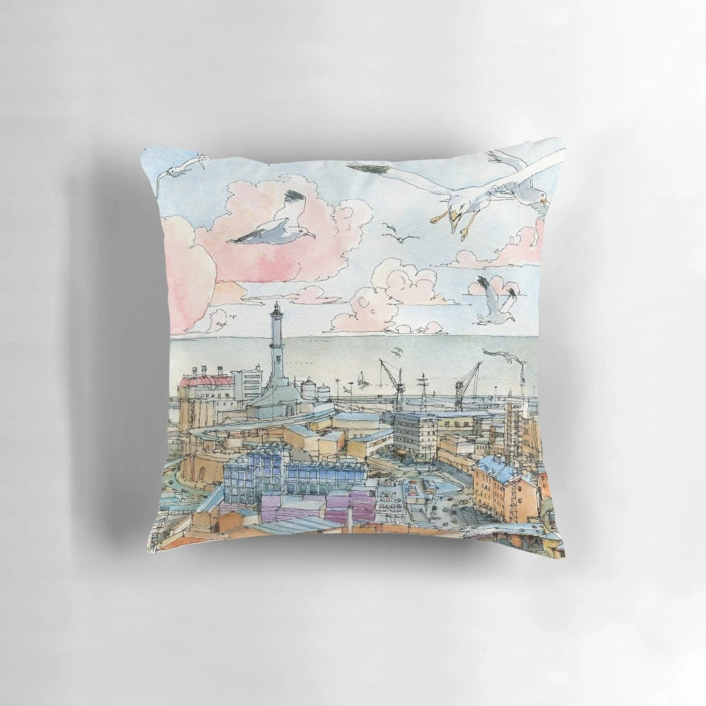 Watercolor illustration of the iconic Genoa lighthouse and cityscape