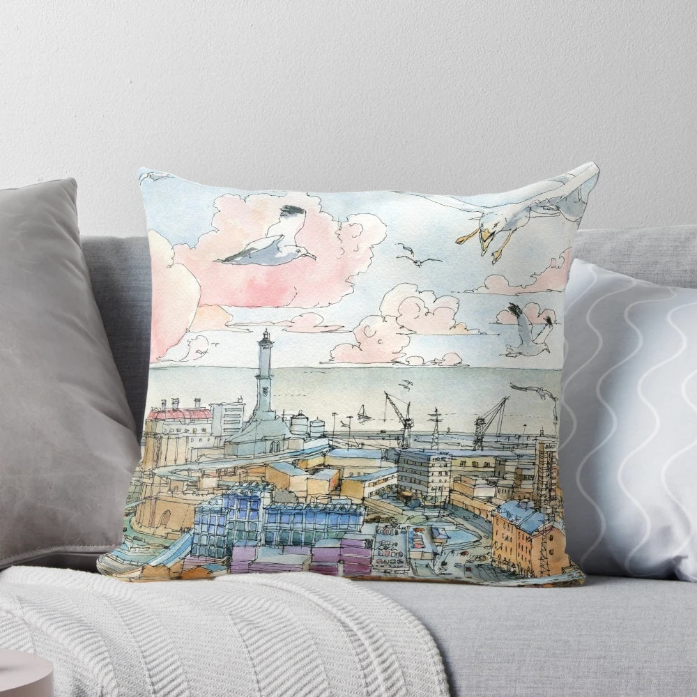 Watercolor illustration of the iconic Genoa lighthouse and cityscape