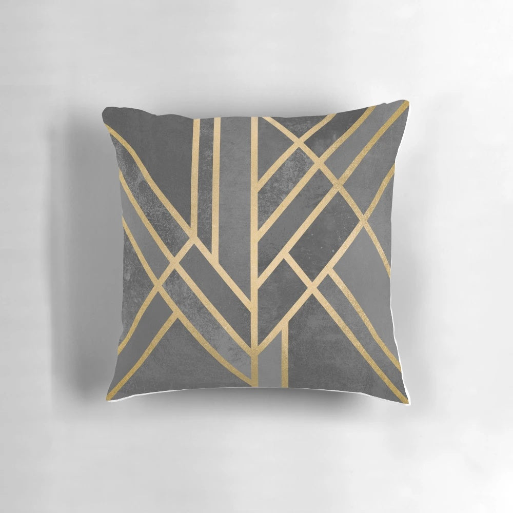 Stylish art deco-inspired geometric pillow cover with gold and grey abstract pattern