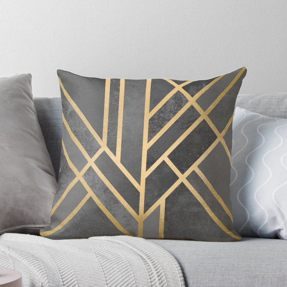 Stylish art deco-inspired geometric pillow cover with gold and grey abstract pattern