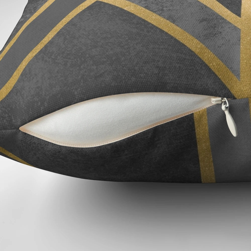 Stylish art deco-inspired geometric pillow cover with gold and grey abstract pattern
