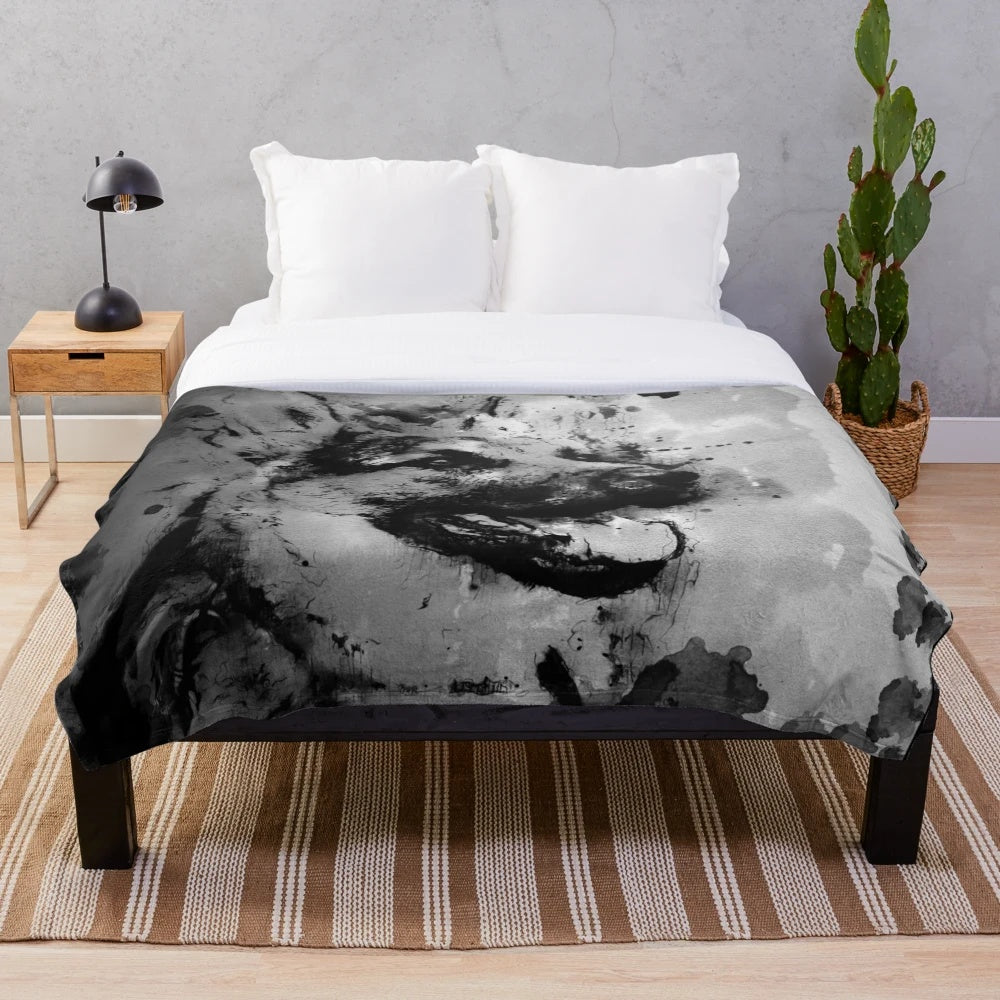 A plush blanket featuring an artistic German shepherd dog in an old Japanese ink painting style.