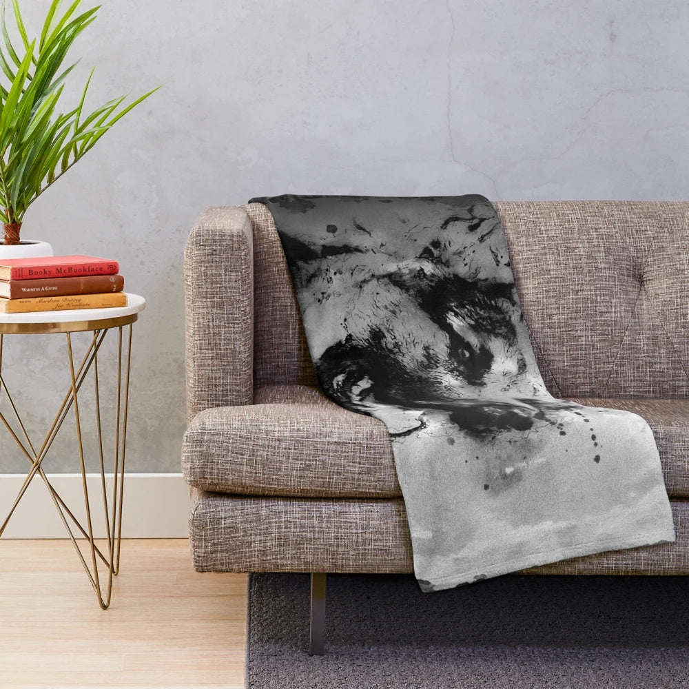 A plush blanket featuring an artistic German shepherd dog in an old Japanese ink painting style.