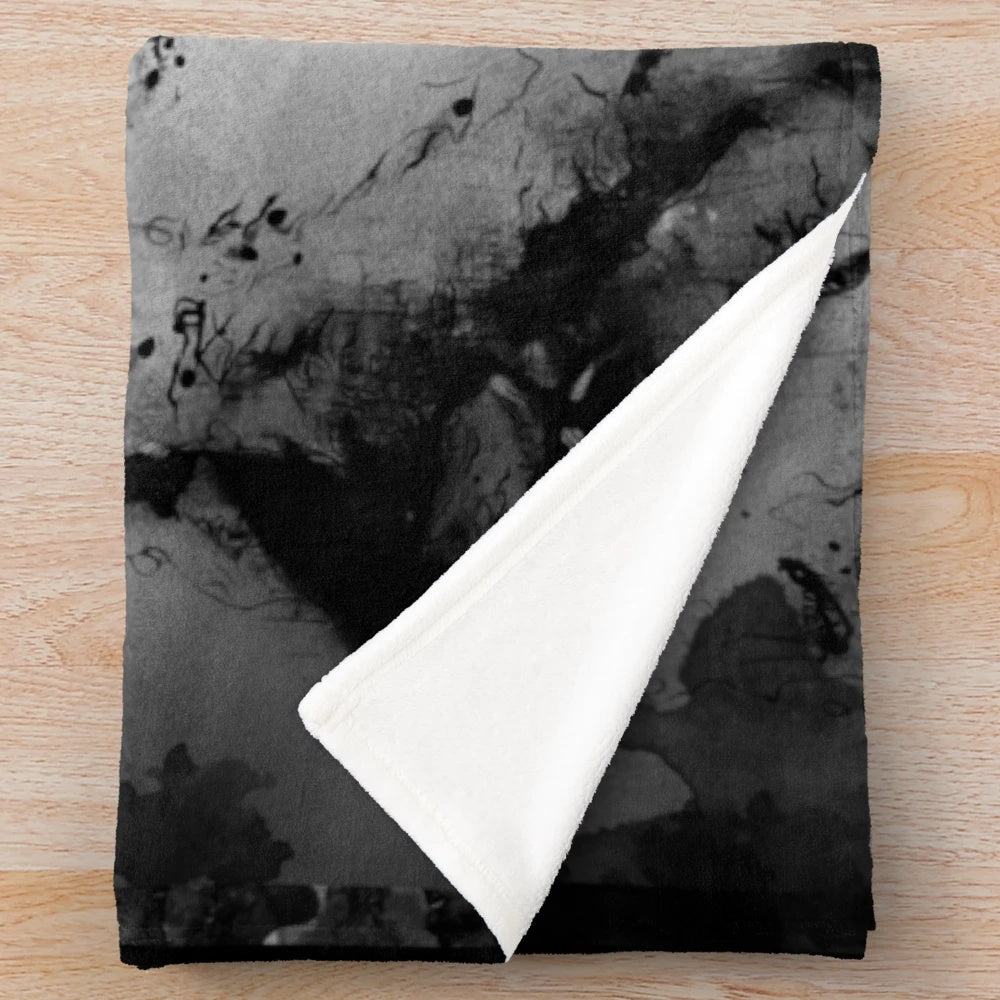 A plush blanket featuring an artistic German shepherd dog in an old Japanese ink painting style.