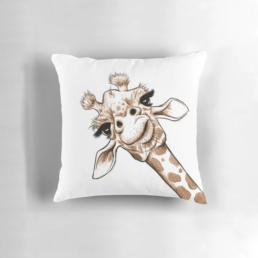 Decorative throw pillow featuring a hand-sketched giraffe design in a playful, whimsical style.