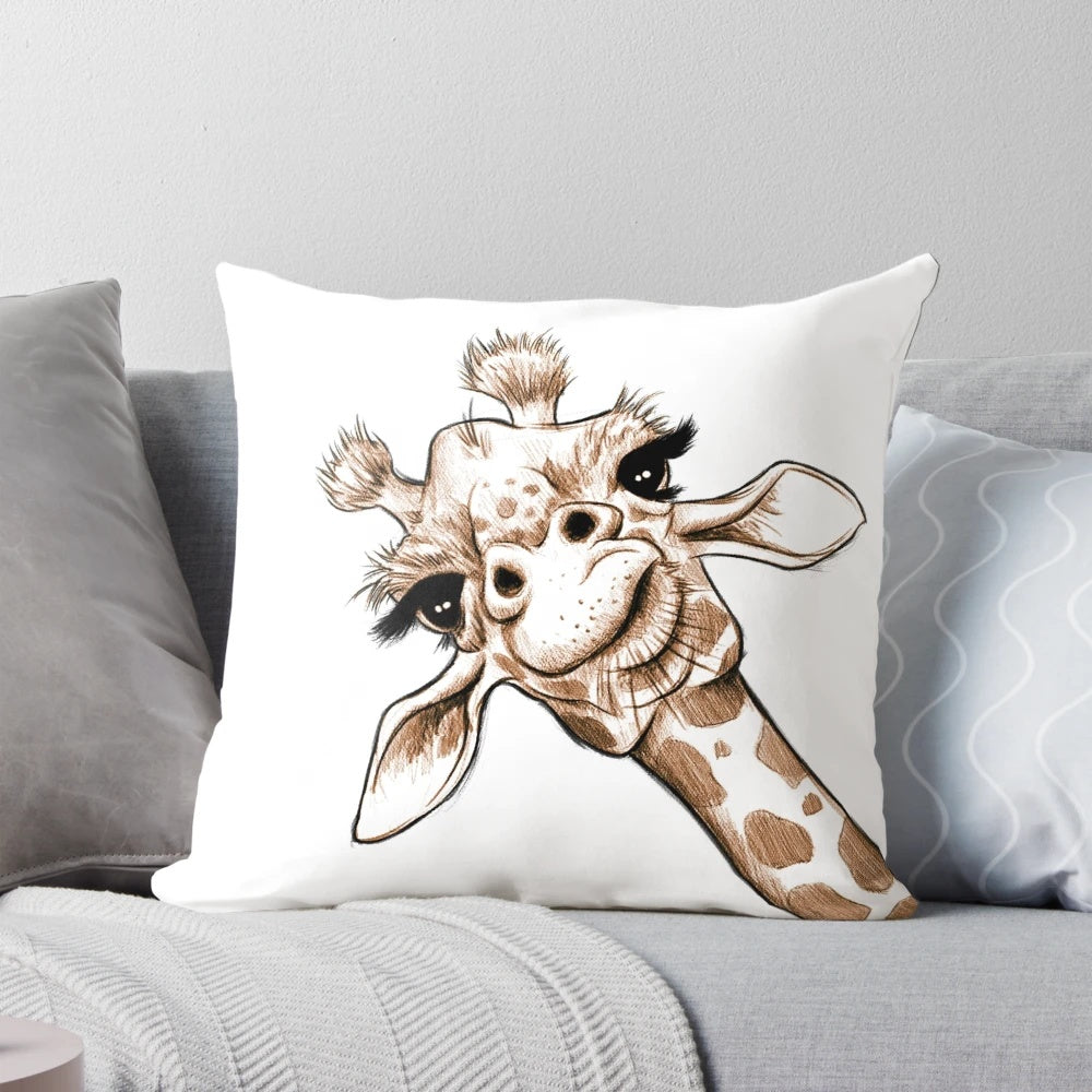 Decorative throw pillow featuring a hand-sketched giraffe design in a playful, whimsical style.