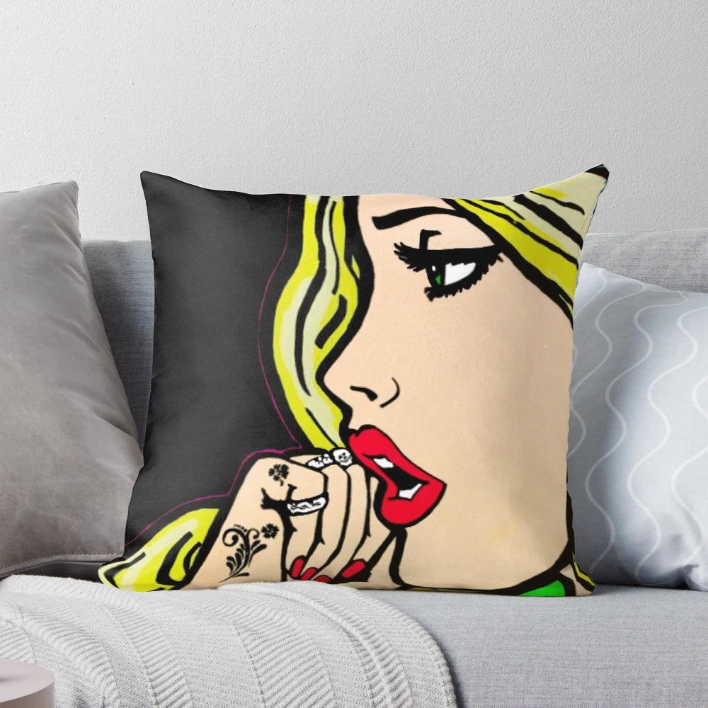 Graffiti rat and pop art girl illustrated on a decorative throw pillow