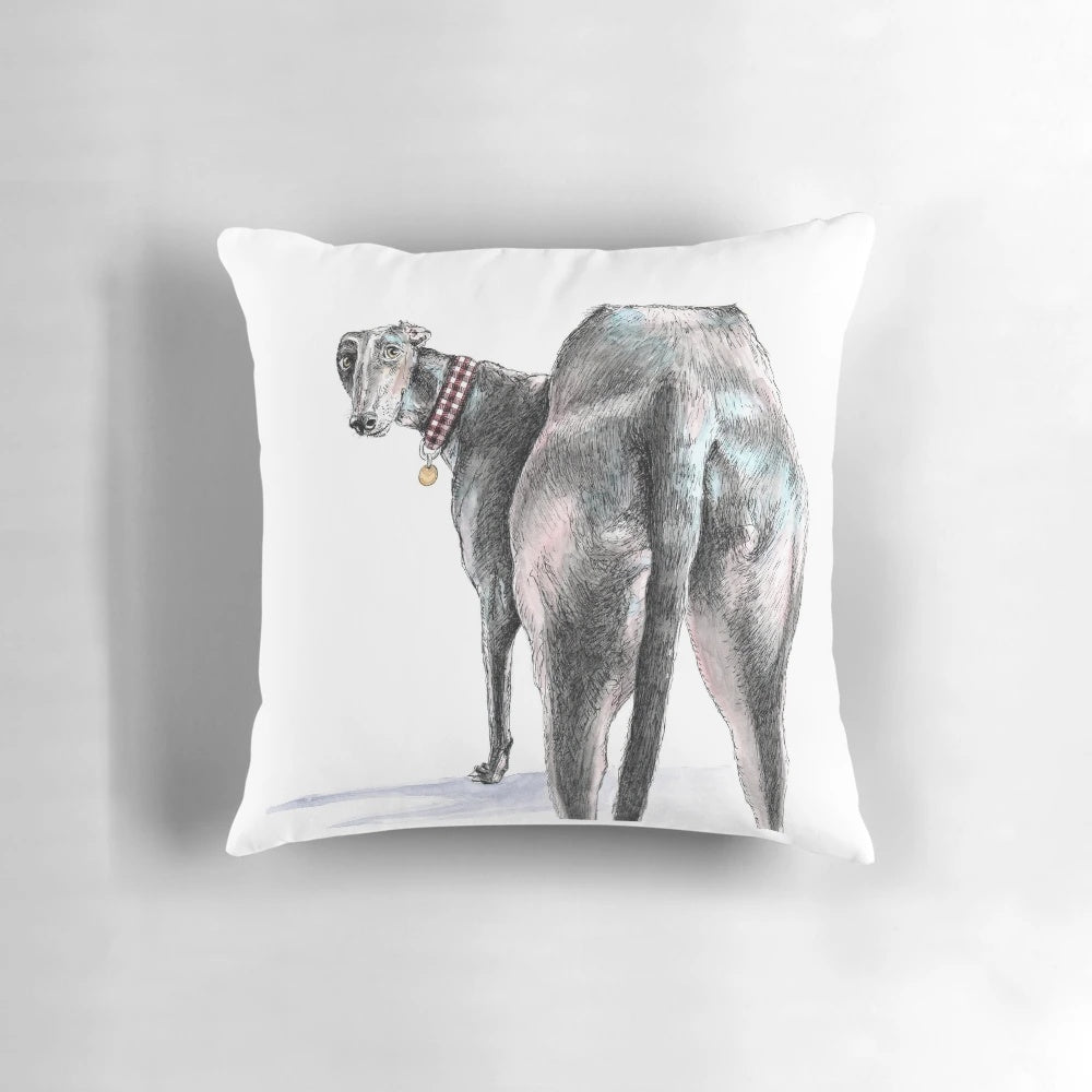 Watercolor and ink illustration of a greyhound on a decorative pillow
