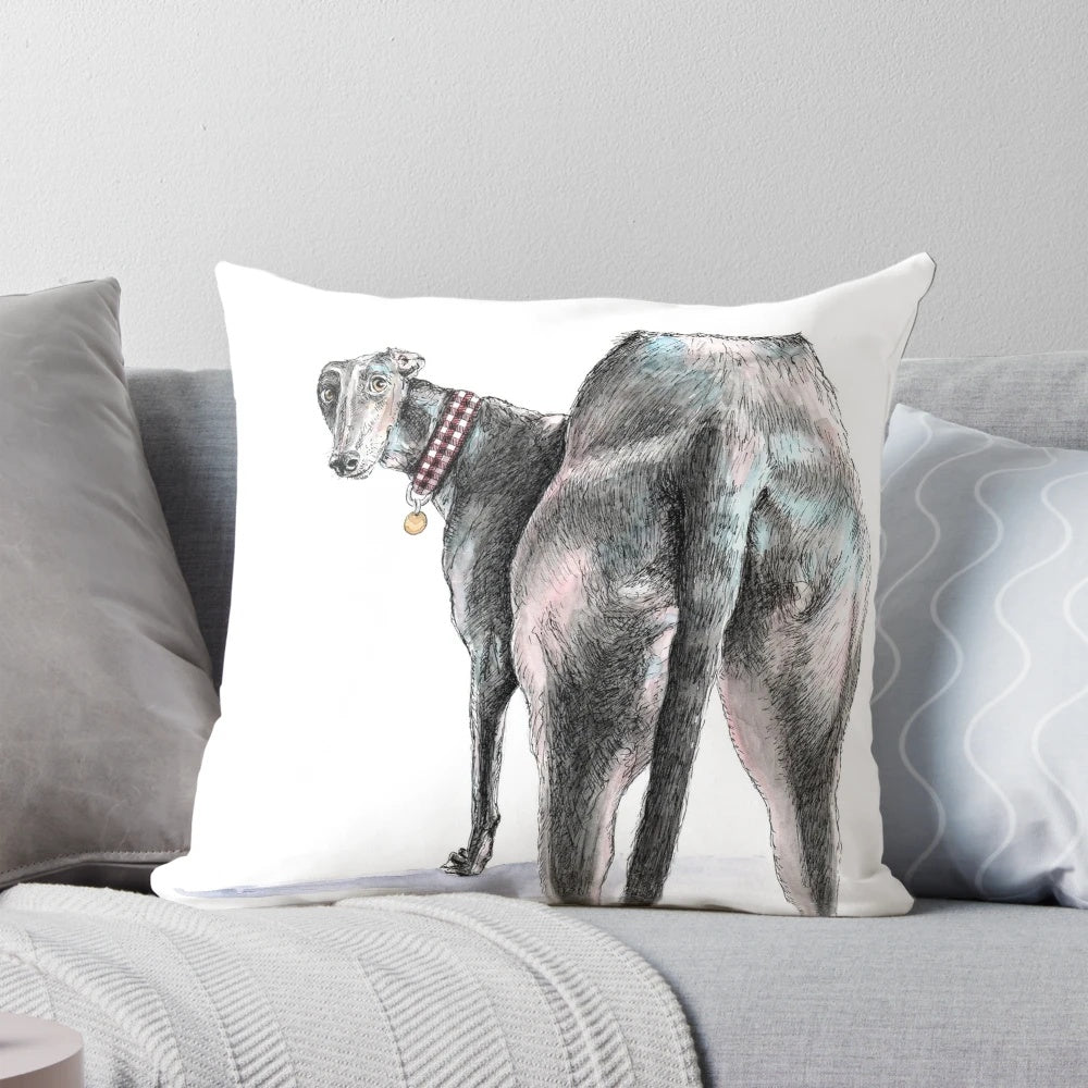 Watercolor and ink illustration of a greyhound on a decorative pillow