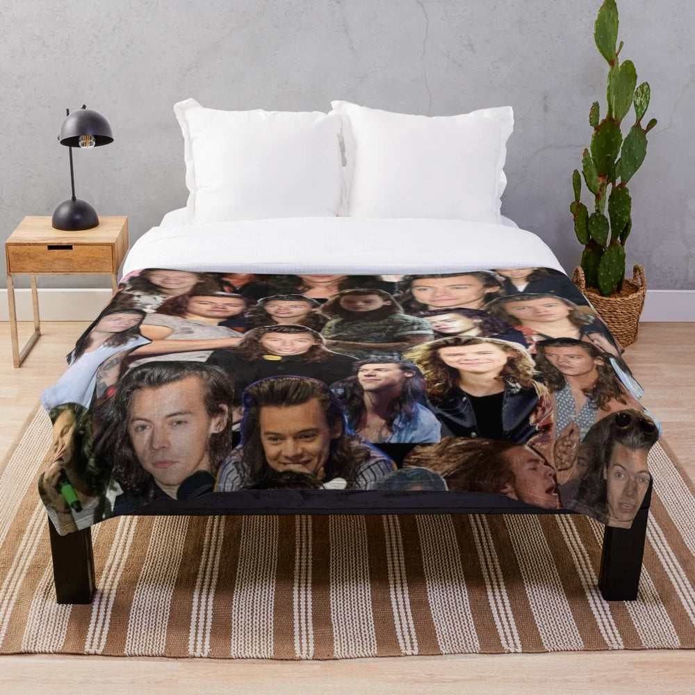 Watercolor portrait of harrystyles on a plush blanket with a pop art design