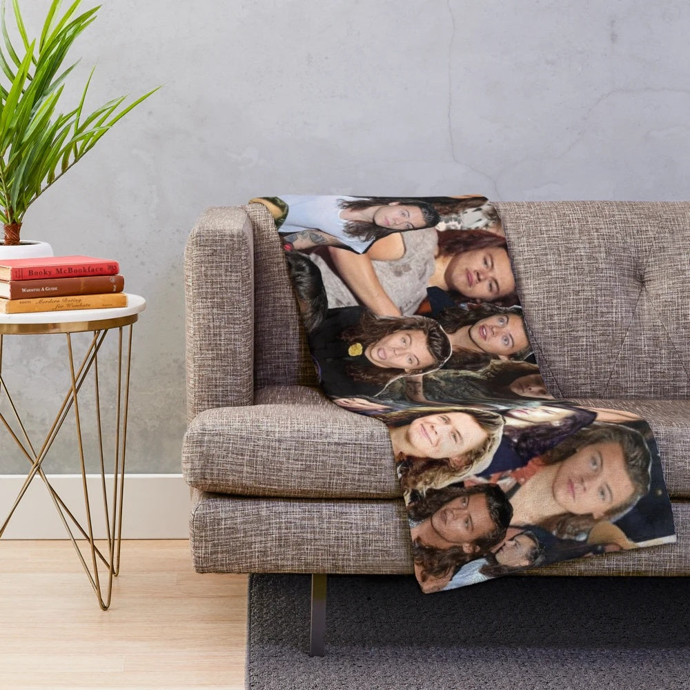 Watercolor portrait of harrystyles on a plush blanket with a pop art design