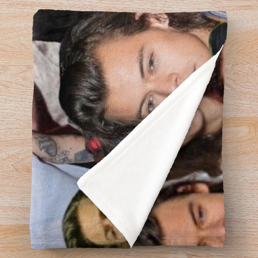 Watercolor portrait of harrystyles on a plush blanket with a pop art design