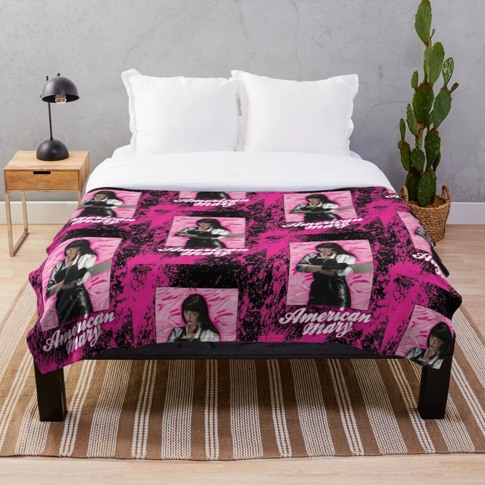 Artistic horror-themed plush blanket featuring elements from the American Mary movie