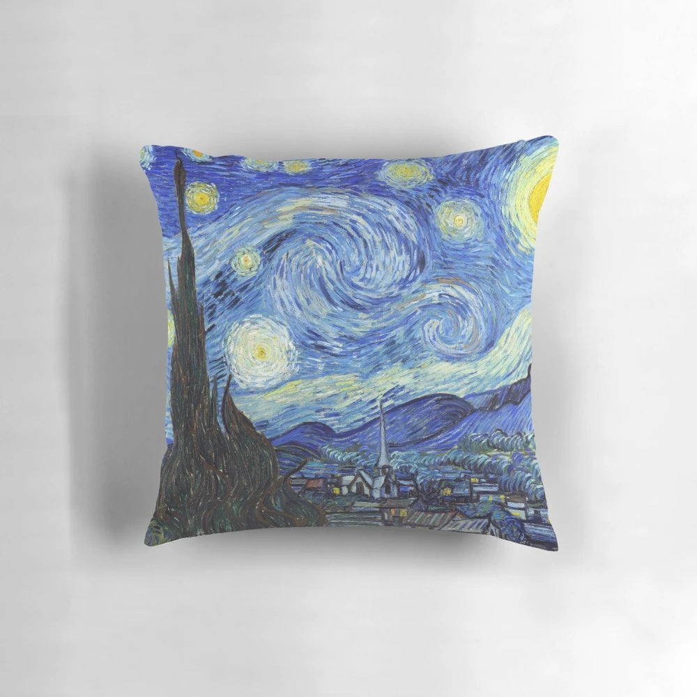 Vibrant pillow featuring the iconic Starry Night painting by Vincent van Gogh