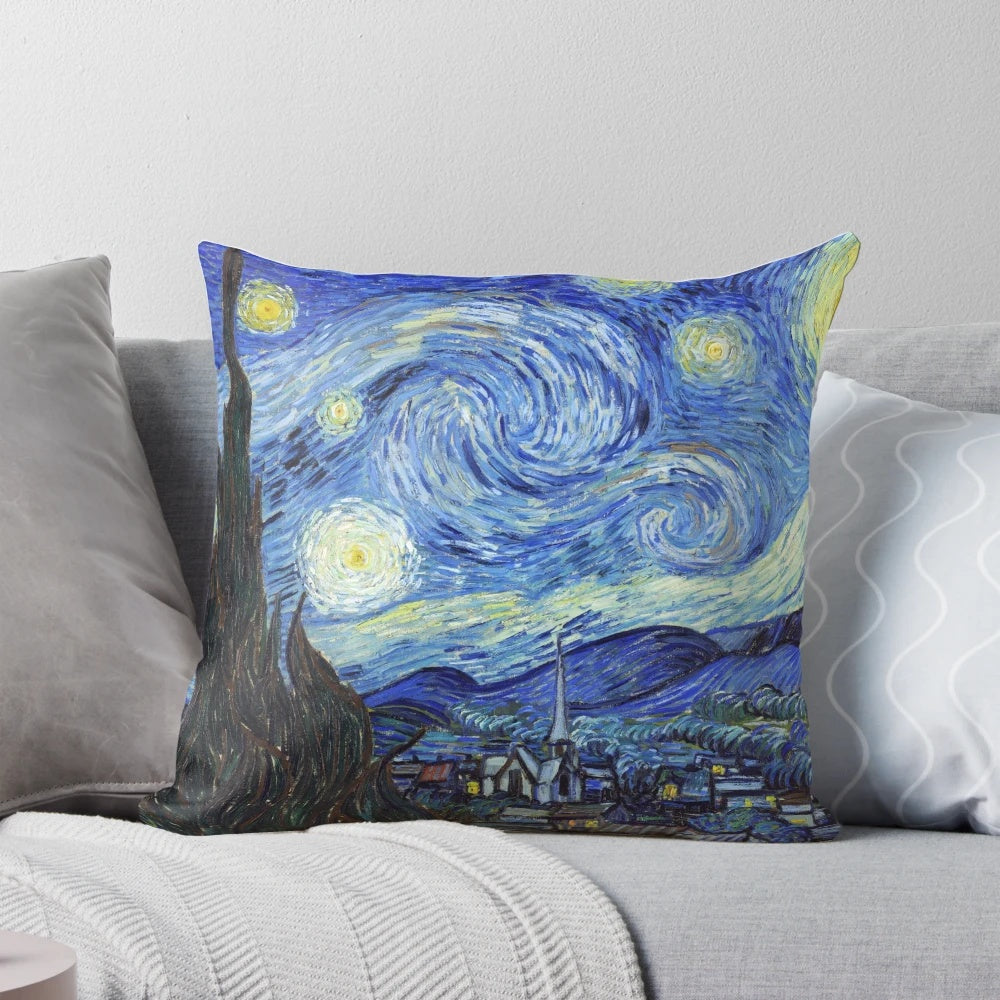 Vibrant pillow featuring the iconic Starry Night painting by Vincent van Gogh