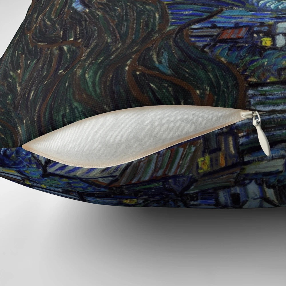 Vibrant pillow featuring the iconic Starry Night painting by Vincent van Gogh