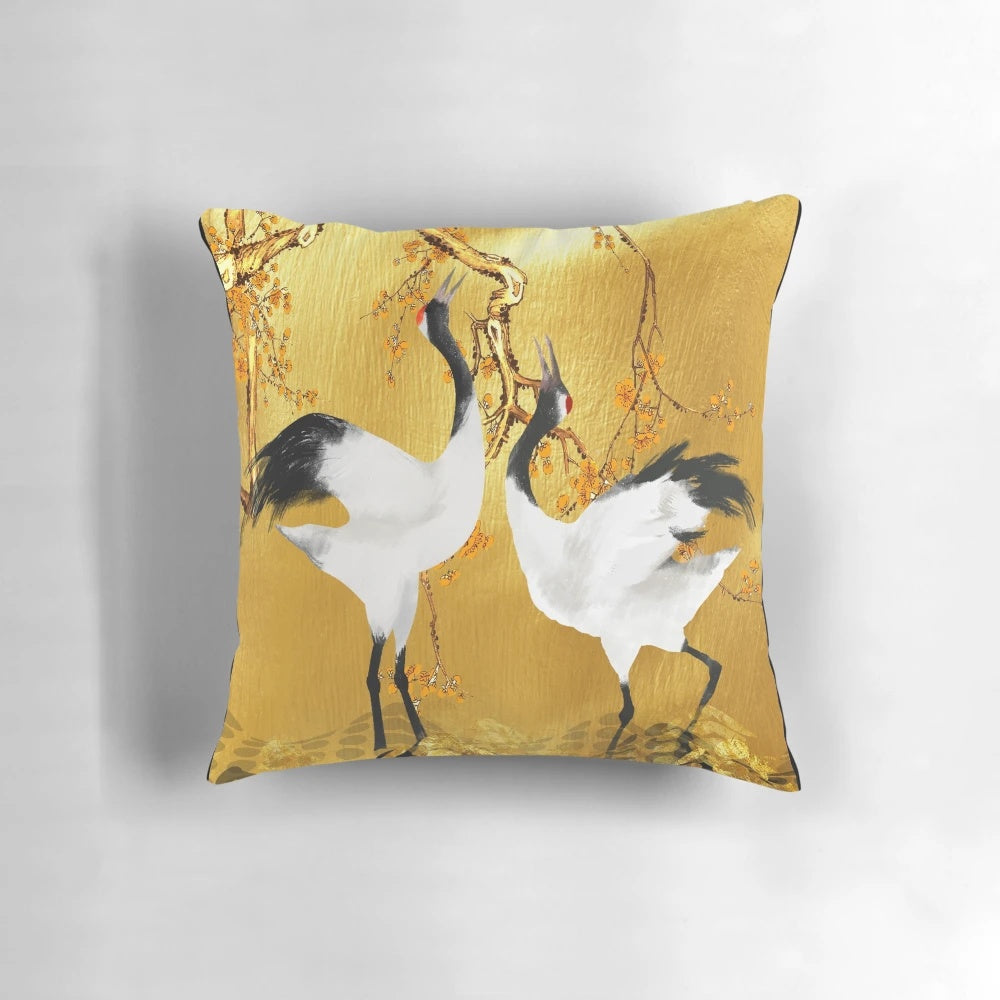 Decorative pillow with a vibrant Japanese crane and floral pattern design