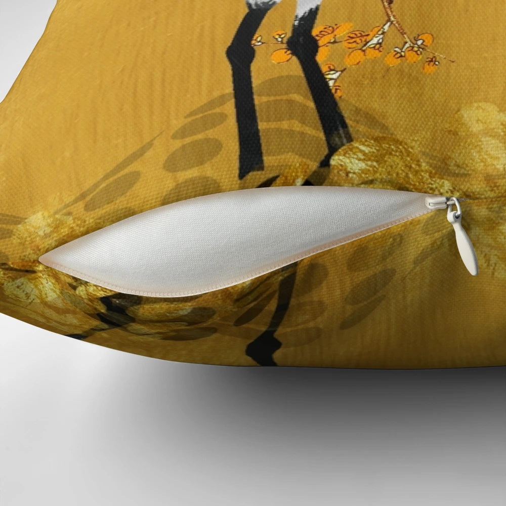 Decorative pillow with a vibrant Japanese crane and floral pattern design