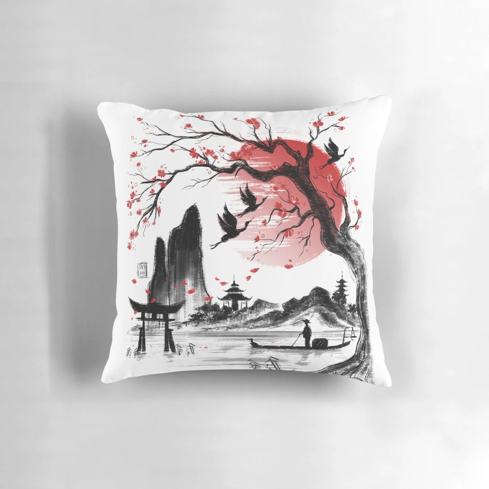 Decorative pillow featuring a Japanese landscape illustration with sakura flowers and a red sun.