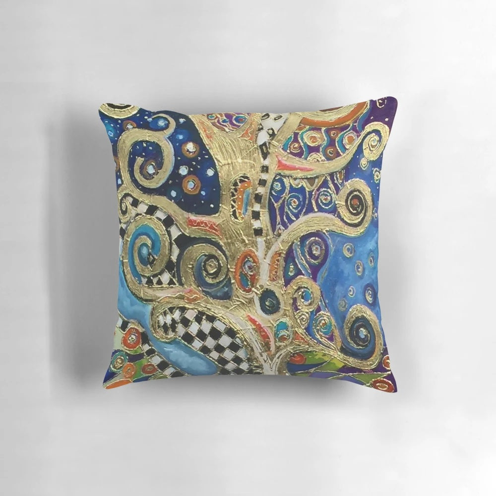 Decorative throw pillow featuring a colorful abstract nature scene in the style of Gustav Klimt's expressionist artwork