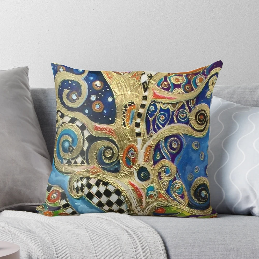Decorative throw pillow featuring a colorful abstract nature scene in the style of Gustav Klimt's expressionist artwork