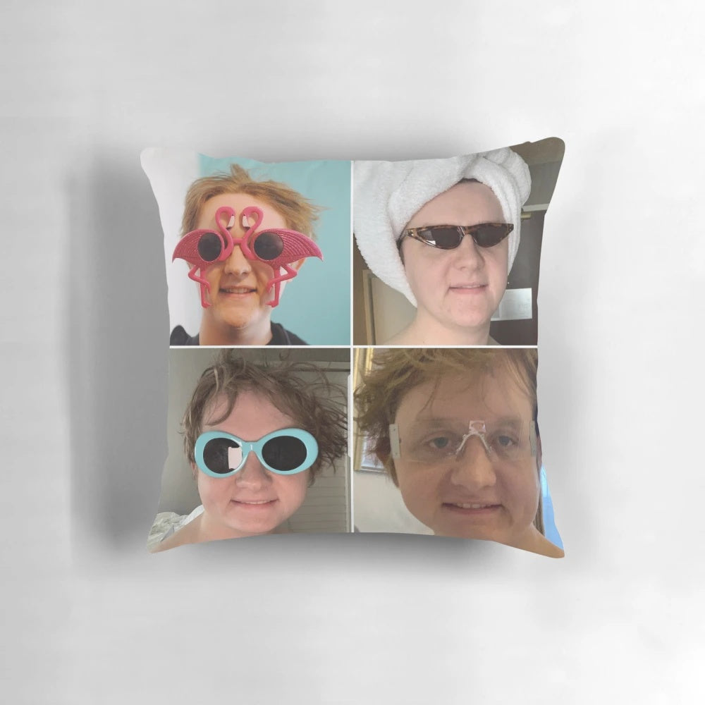 A collage-style portrait of singer-songwriter Lewis Capaldi printed on a decorative throw pillow.