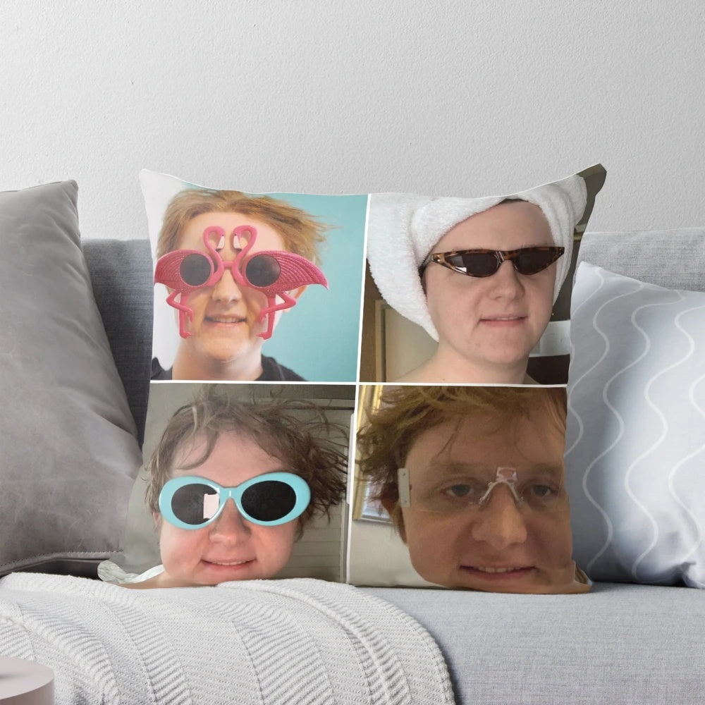A collage-style portrait of singer-songwriter Lewis Capaldi printed on a decorative throw pillow.