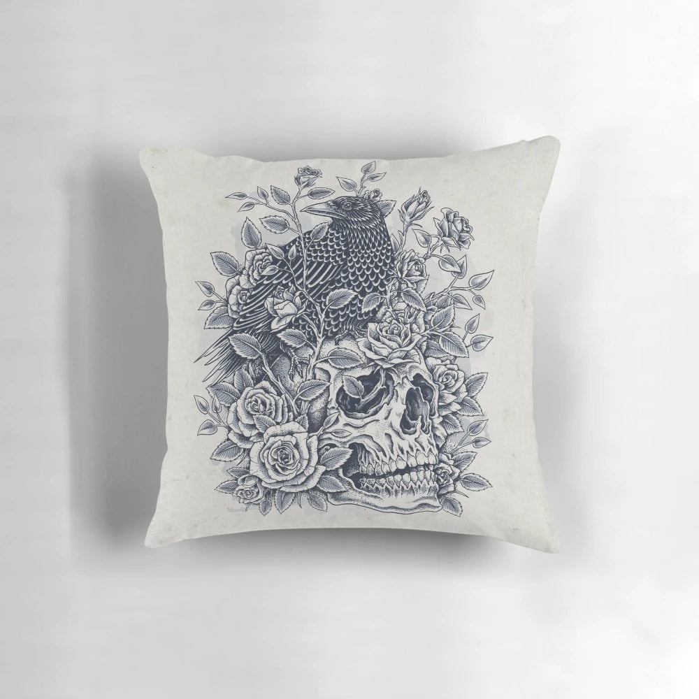 Monochrome floral skull decorative pillow with abstract, artistic design
