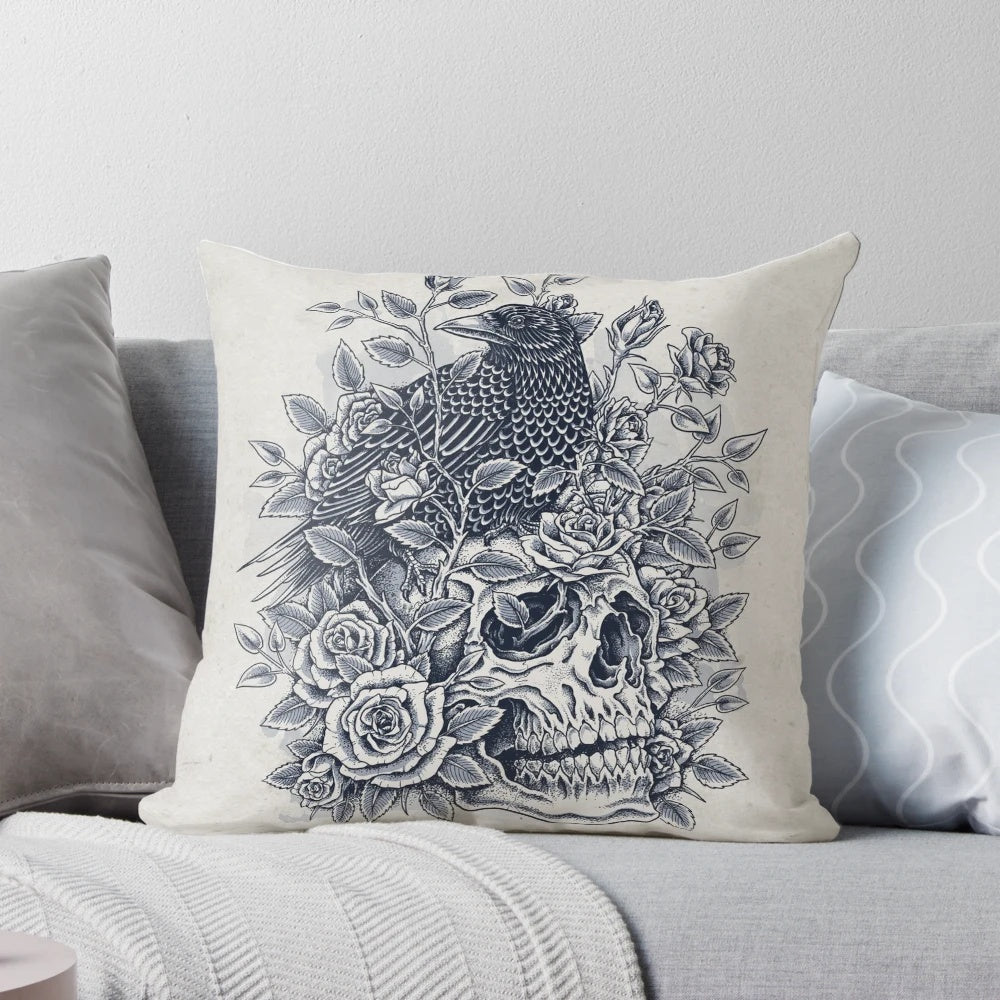 Monochrome floral skull decorative pillow with abstract, artistic design