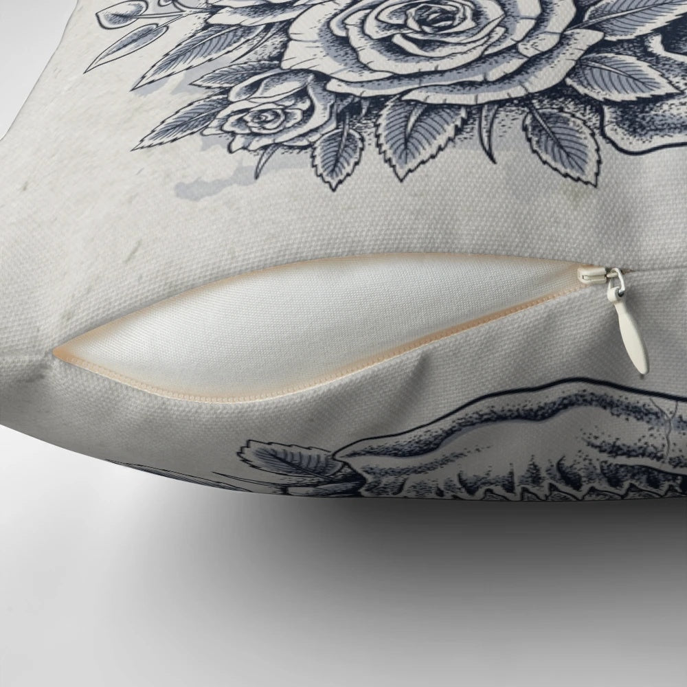 Monochrome floral skull decorative pillow with abstract, artistic design