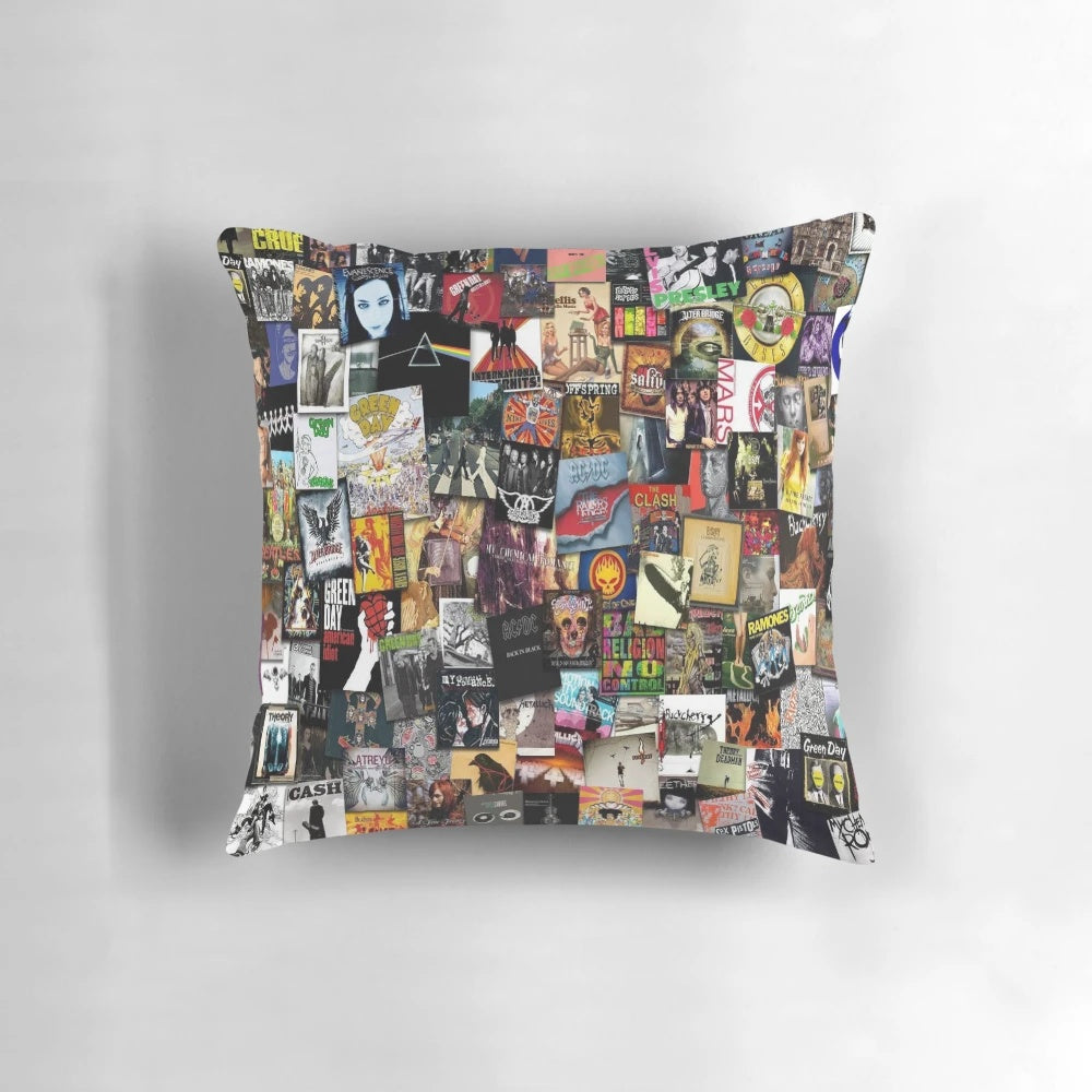 Artistic music album collage featuring bands and album covers
