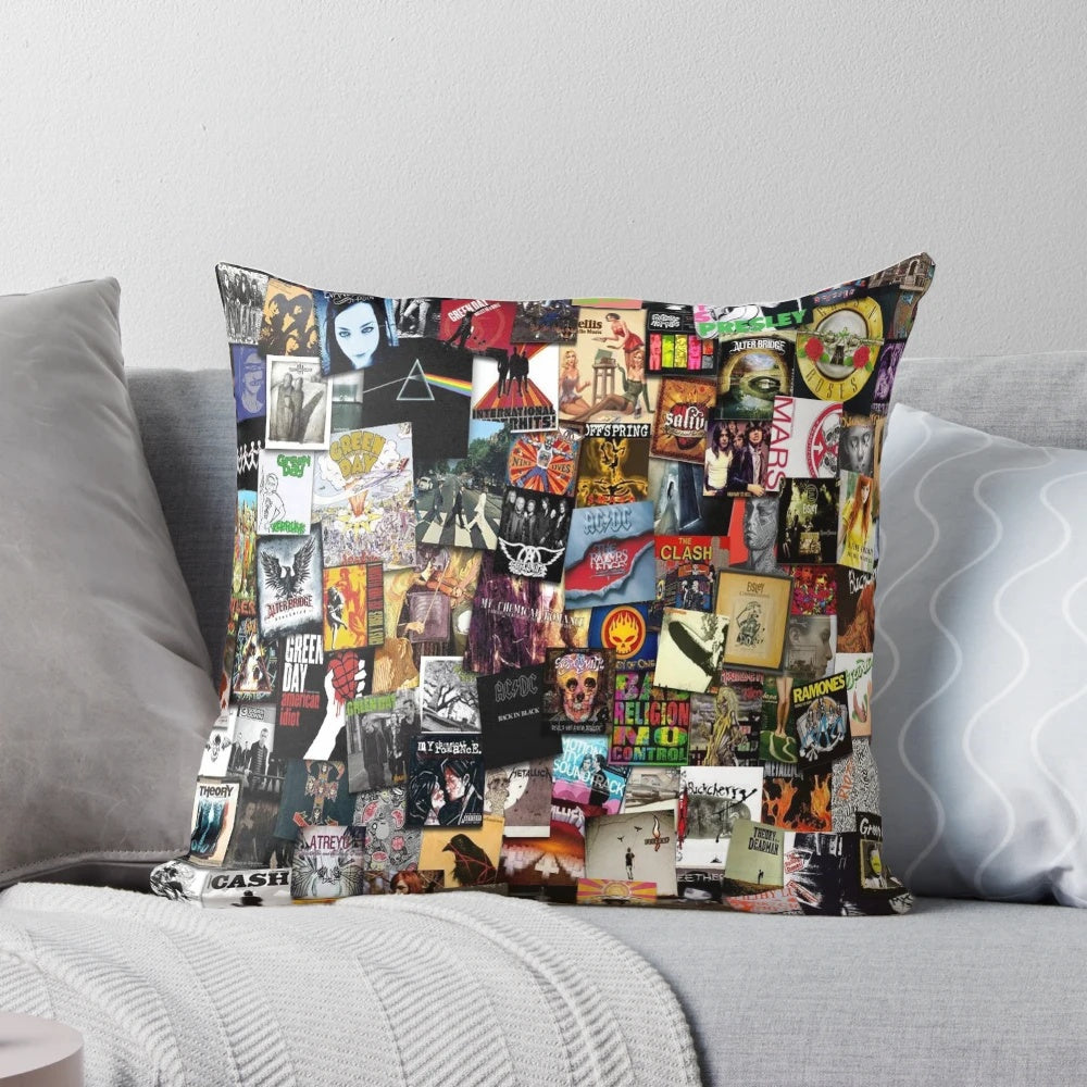 Artistic music album collage featuring bands and album covers