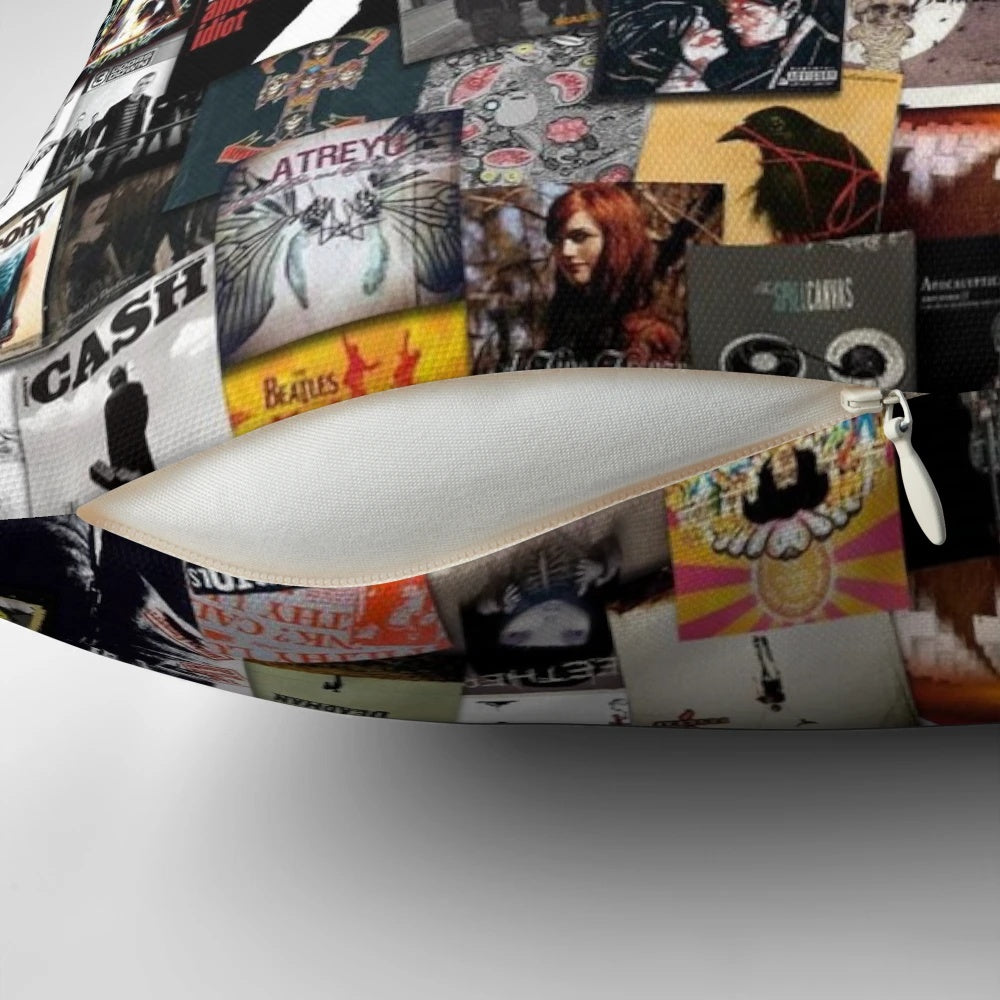 Artistic music album collage featuring bands and album covers