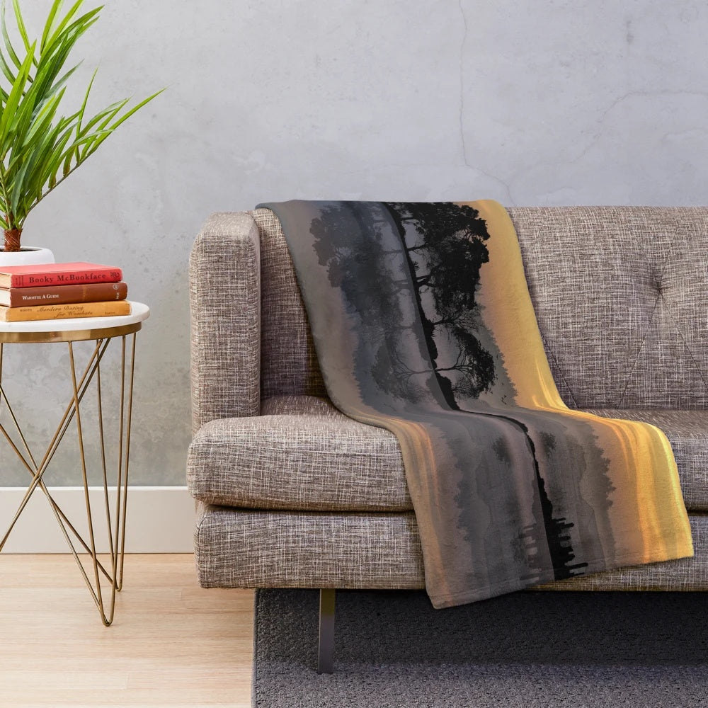 Artistic nature guitar sunset plush blanket with landscape, trees, and reflection