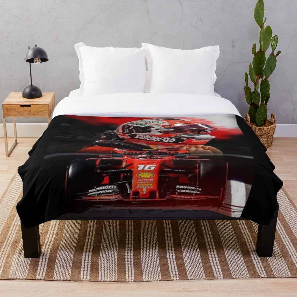 Plush blanket with a design featuring the Formula 1 driver Charles Leclerc