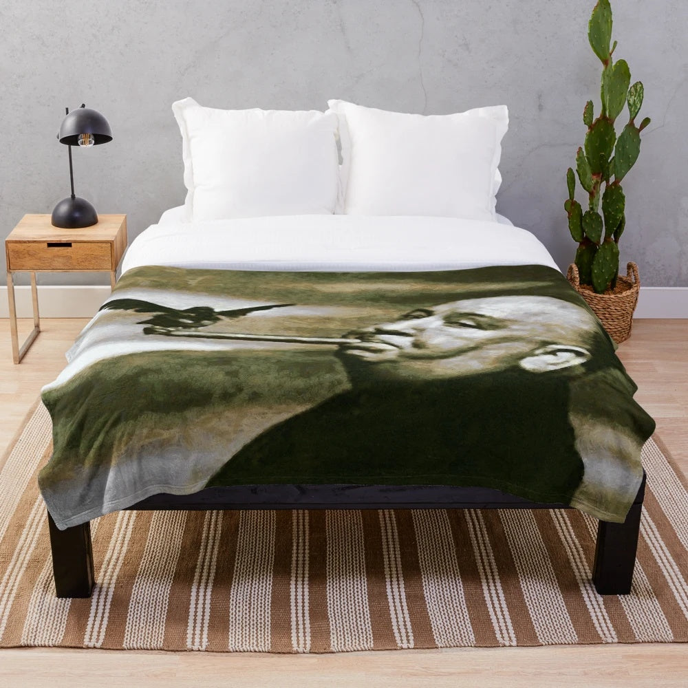 Plush blanket featuring an artistic portrait of renowned film director Alfred Hitchcock