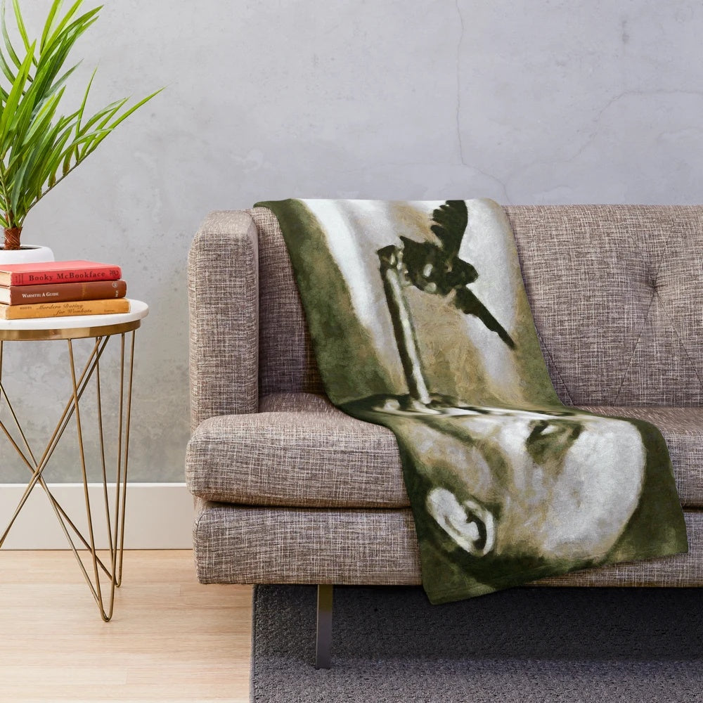 Plush blanket featuring an artistic portrait of renowned film director Alfred Hitchcock