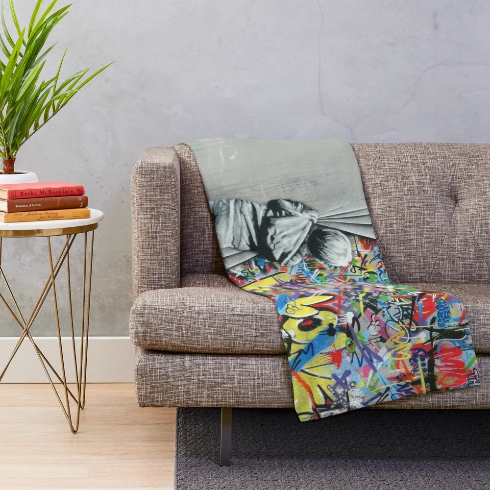 Plush blanket featuring the artwork of Norwegian street artist Martin Whatson's "Behind the Curtain" (Wynwood Walls Edition)
