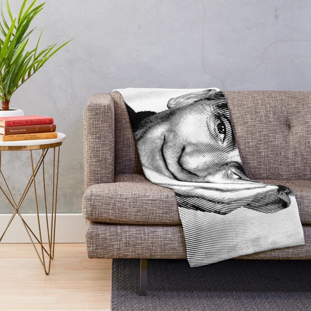 Plush blanket featuring a black and white linocut portrait of the iconic French actor Louis de Funès