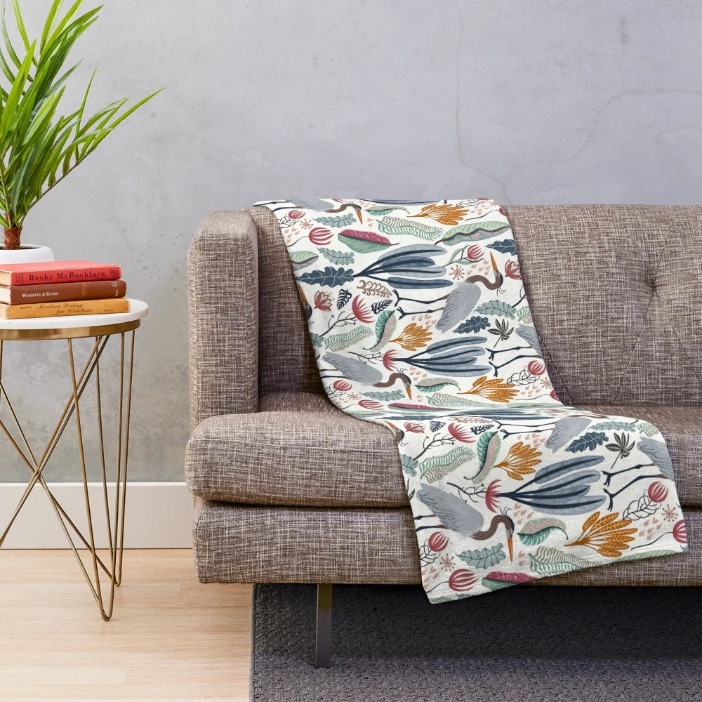 Plush blanket featuring a beautiful heron and nature-inspired design