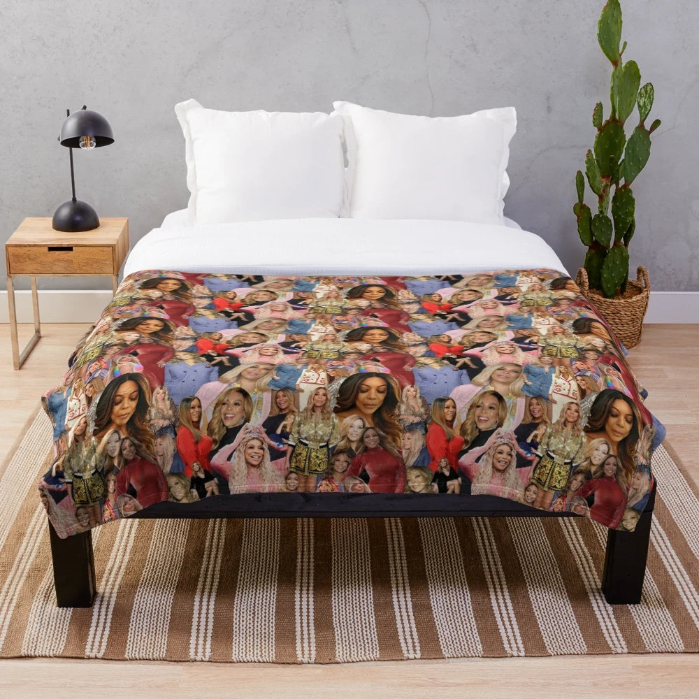 Plush blanket with Wendy Williams pop art style repeat pattern design