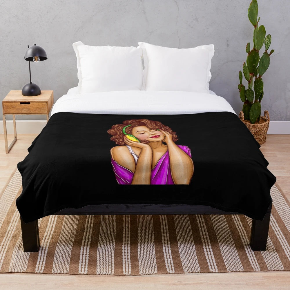 A colorful and unique plush blanket featuring a pop art woman listening to music, ideal gift for the music-loving woman.
