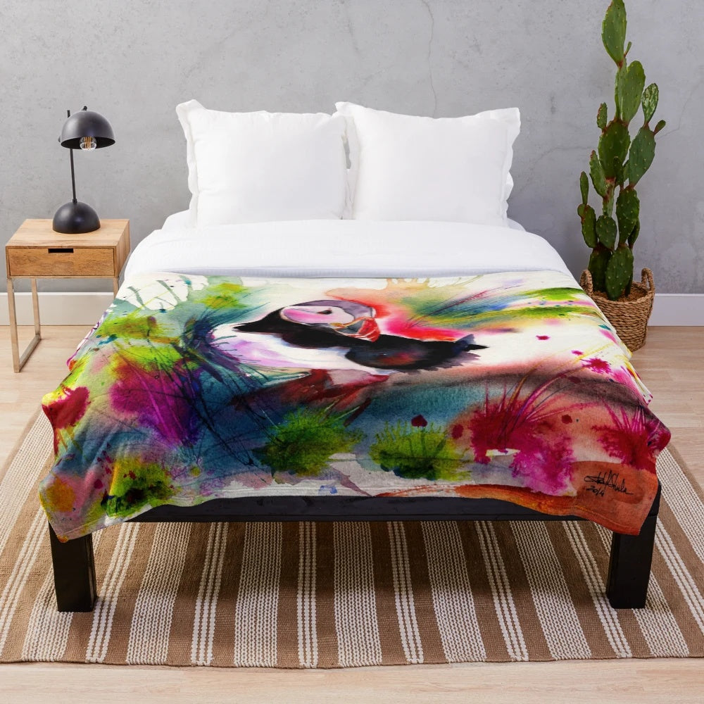 Puffin plush blanket with watercolor-style bird design