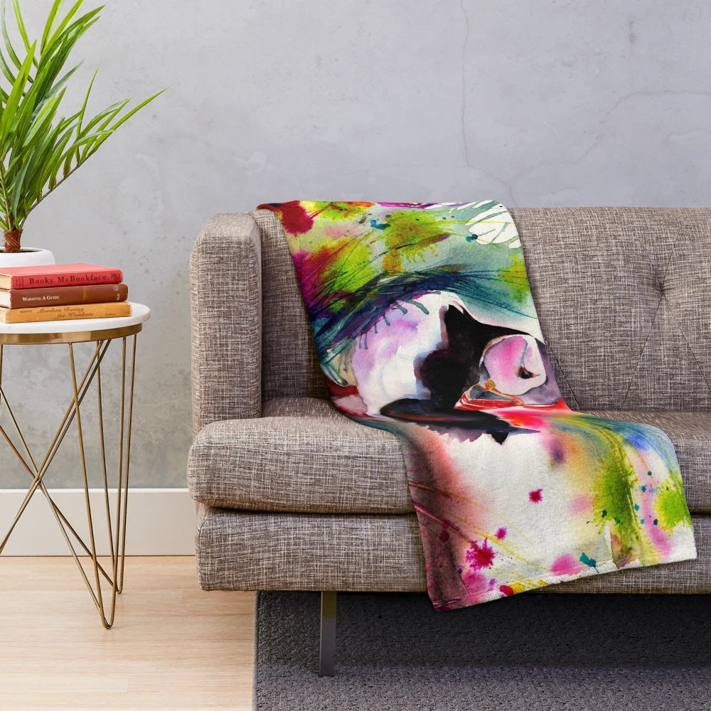 Puffin plush blanket with watercolor-style bird design