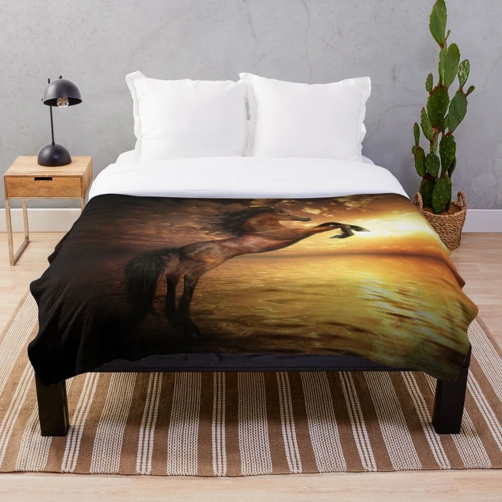 Rearing horse silhouette against a golden sunset sky, abstract equine art