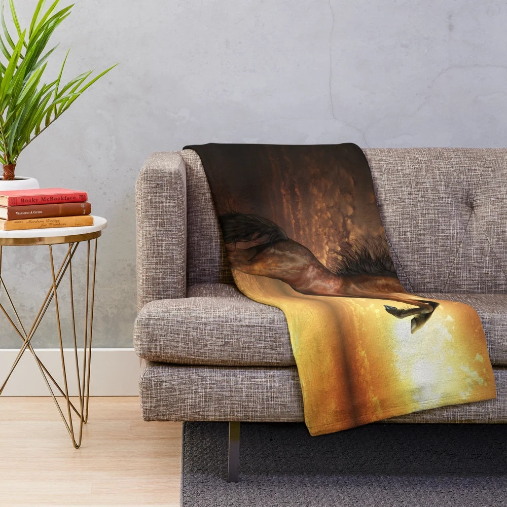 Rearing horse silhouette against a golden sunset sky, abstract equine art
