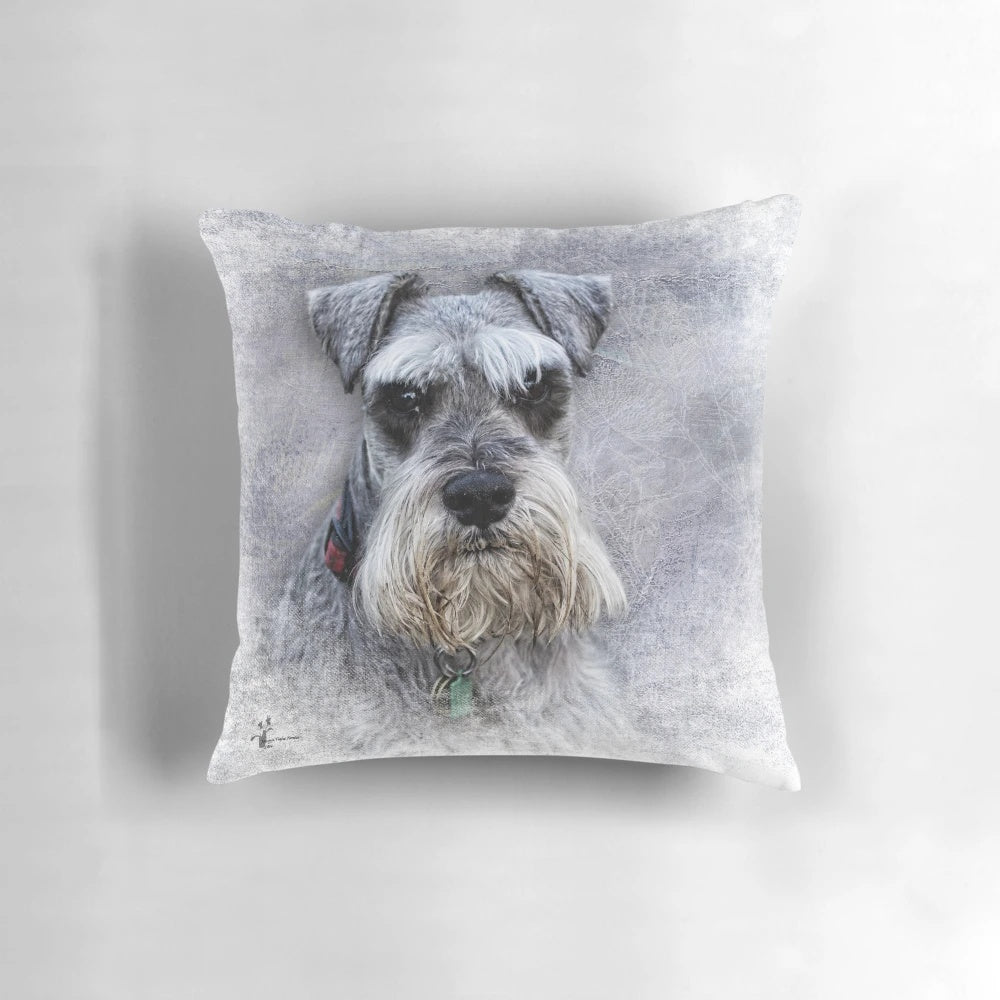 A digital art pillow featuring a close-up portrait of a grey Schnauzer dog