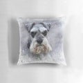 A digital art pillow featuring a close-up portrait of a grey Schnauzer dog