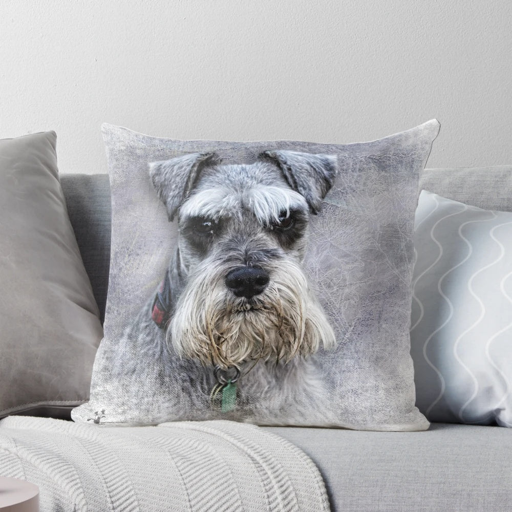 A digital art pillow featuring a close-up portrait of a grey Schnauzer dog